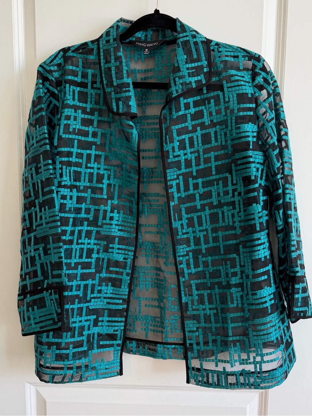 Ming Wang Sheer Geometric Open Front Blazer Teal Black size M